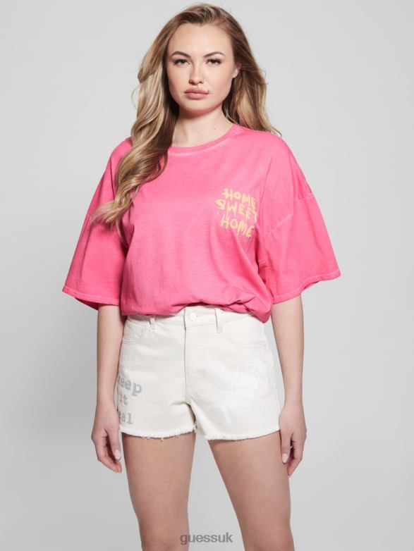 GUESS Women Home Sweet Home Lounge Tee Striking Fuchsia Pink Mul Apparel V28V61037