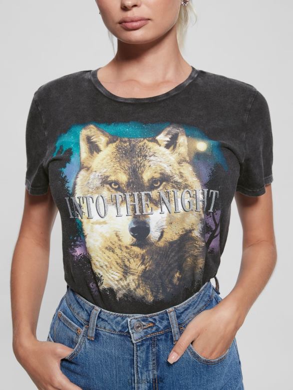 GUESS Women Into the Night Easy Tee Jet Black Multi Apparel V28V61680