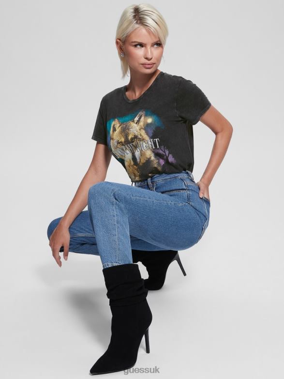 GUESS Women Into the Night Easy Tee Jet Black Multi Apparel V28V61680