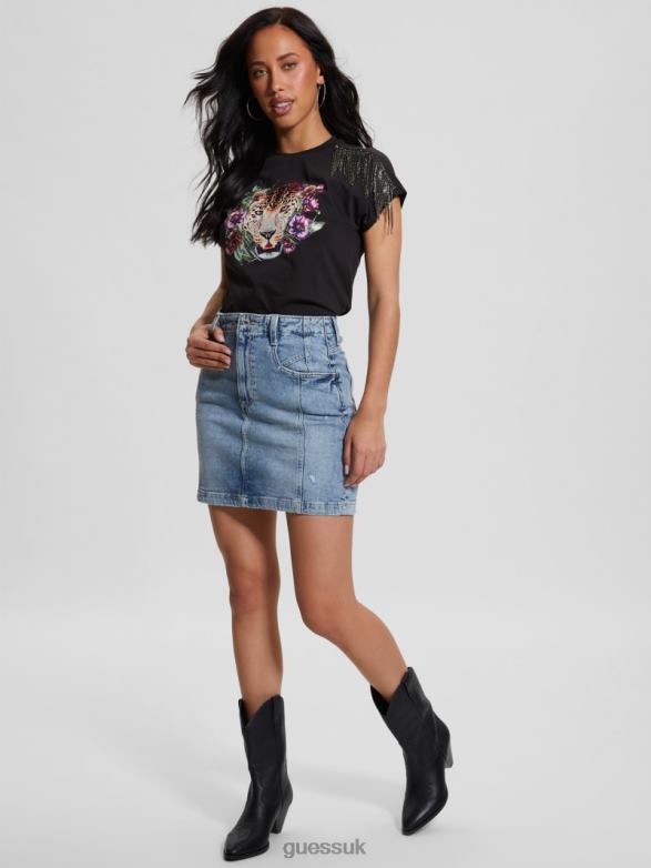 GUESS Women Leopard Fringe Tee Acid Jet Black Apparel V28V6995