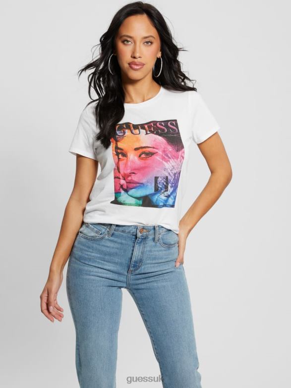 GUESS Women Ombre Magazine Easy Tee Pure White Apparel V28V61538