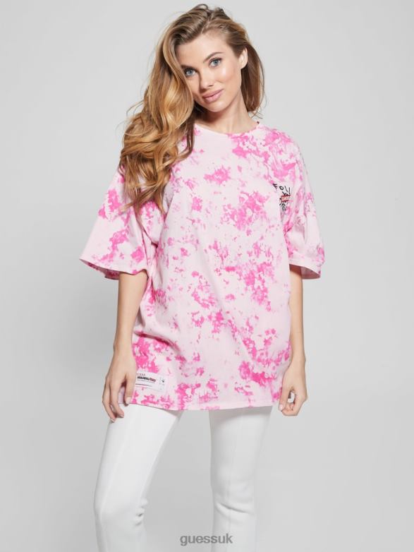 GUESS Women Oversized Throwing Flowers Lounge Tee Striking Fuchsia Pink Mul Apparel V28V61257