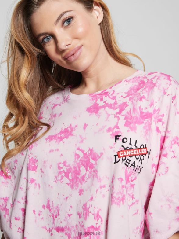 GUESS Women Oversized Throwing Flowers Lounge Tee Striking Fuchsia Pink Mul Apparel V28V61257
