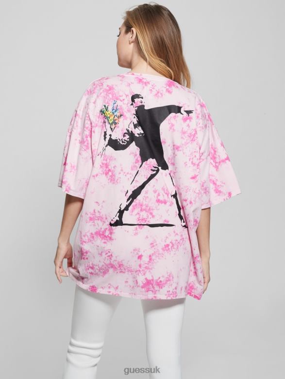 GUESS Women Oversized Throwing Flowers Lounge Tee Striking Fuchsia Pink Mul Apparel V28V61257