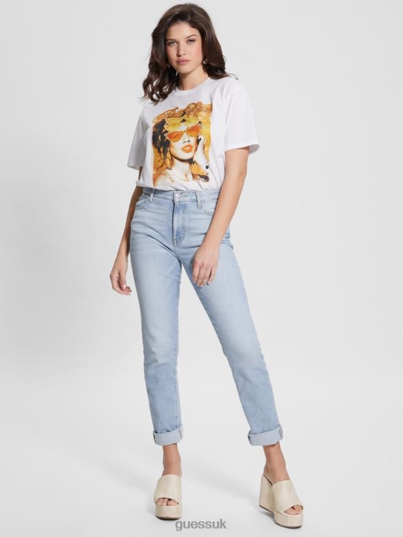 GUESS Women Real Eyes Crewneck Tee Pure White Apparel V28V61100
