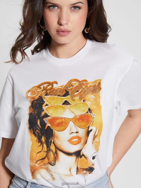 GUESS Women Real Eyes Crewneck Tee Pure White Apparel V28V61100