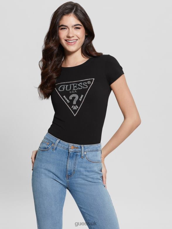 GUESS Women Rhinestone Logo Tee Black Apparel V28V61058