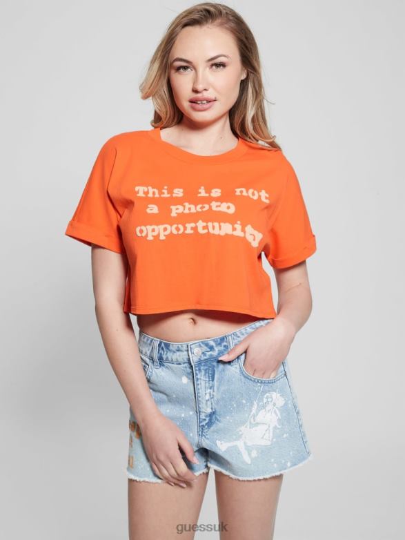 GUESS Women Slogan Crop Tee Orange Slushie Apparel V28V61073