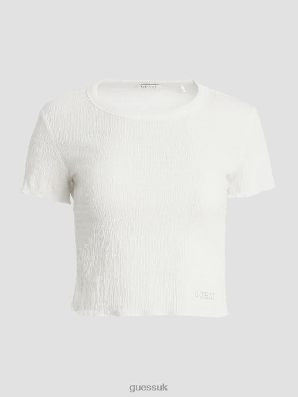 GUESS Women Smocked Baby Tee Pure White Apparel V28V61169