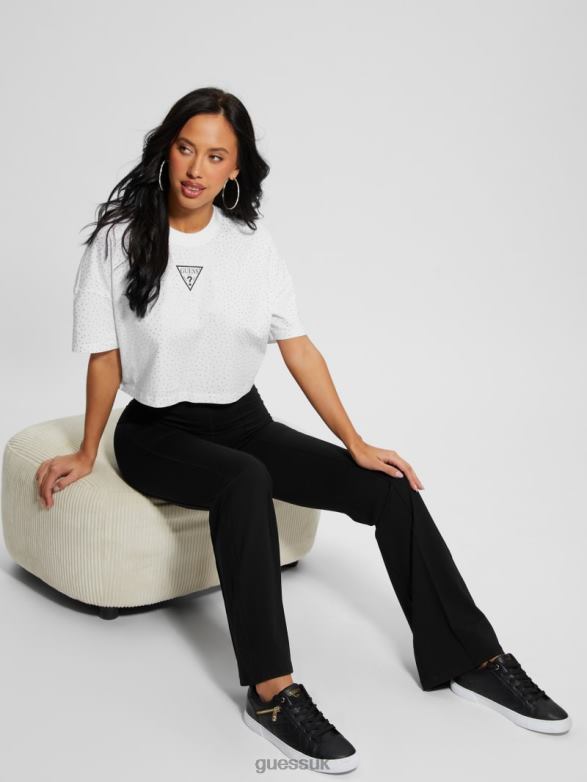GUESS Women Stars Rhinestone Logo Tee Pure White Apparel V28V6963
