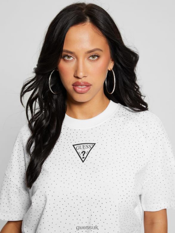 GUESS Women Stars Rhinestone Logo Tee Pure White Apparel V28V6963