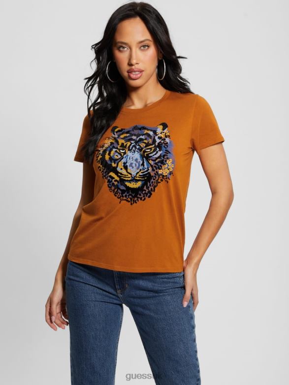 GUESS Women Tiger Rhinestone Tee Autumn Bloom Apparel V28V6964