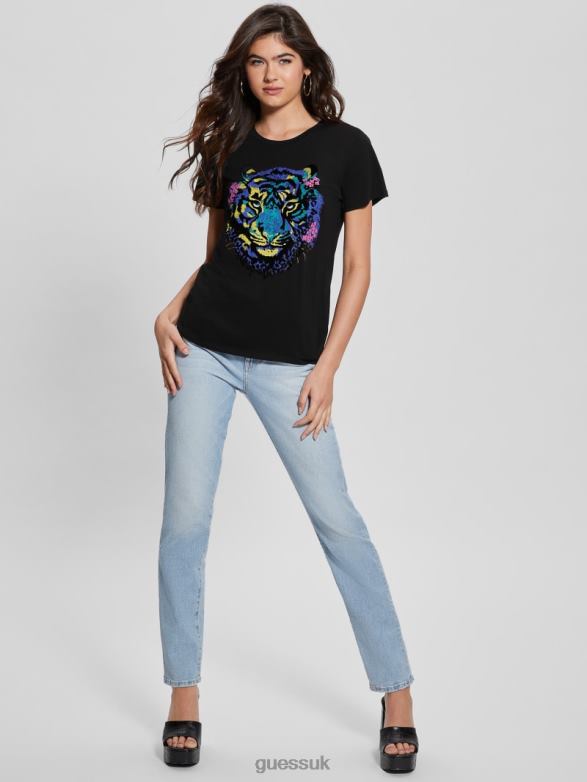 GUESS Women Tiger Rhinestone Tee Black Apparel V28V61016
