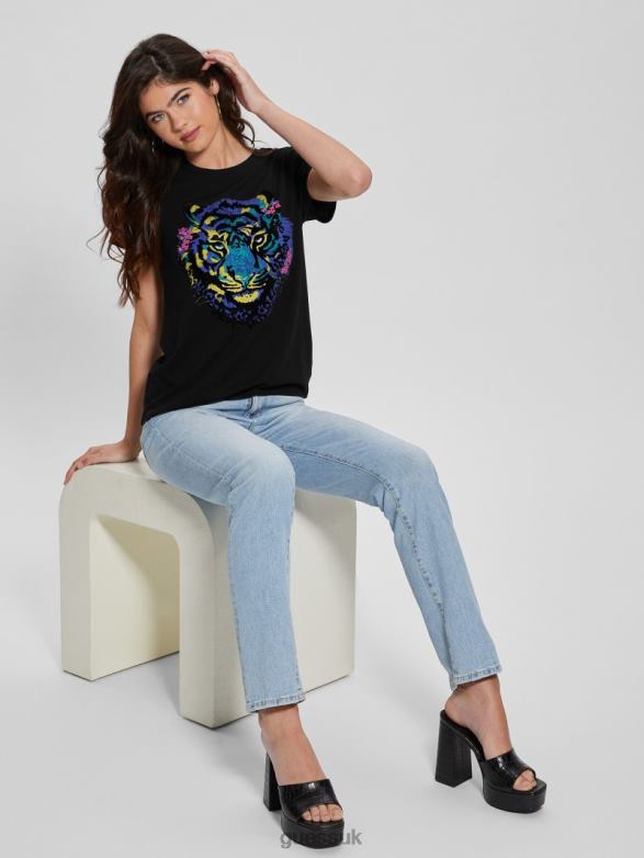 GUESS Women Tiger Rhinestone Tee Black Apparel V28V61016