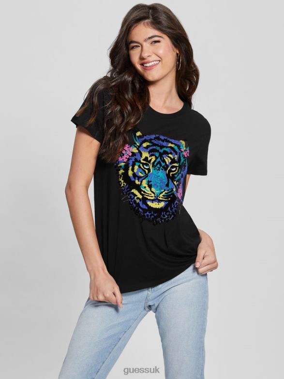 GUESS Women Tiger Rhinestone Tee Black Apparel V28V61016