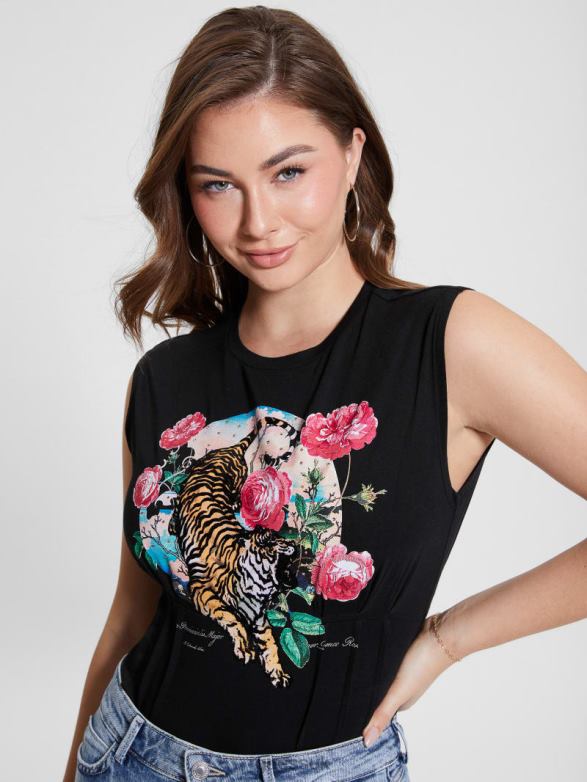 GUESS Women Tiger Roses Corset Tee Black Apparel V28V61011