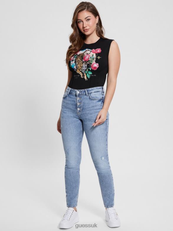 GUESS Women Tiger Roses Corset Tee Black Apparel V28V61011