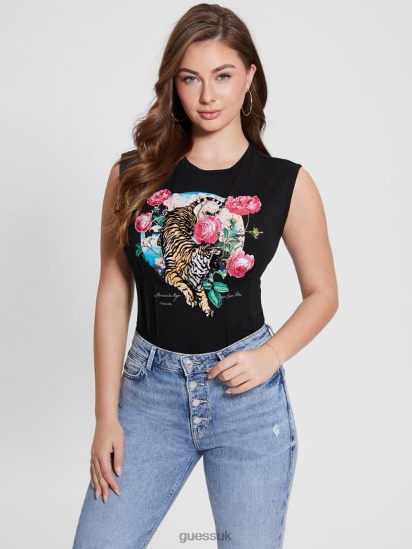 GUESS Women Tiger Roses Corset Tee Black Apparel V28V61011
