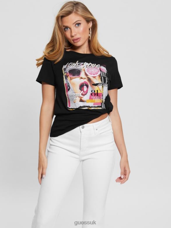 GUESS Women Wondrous Magazine Graphic Tee Black Apparel V28V61157