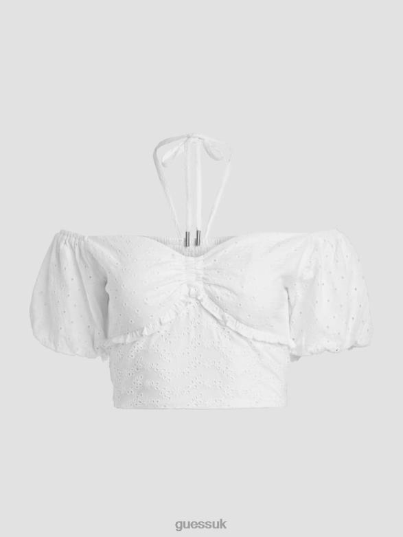 GUESS Women Aini Eyelet Crop Top Pure White Apparel V28V61138