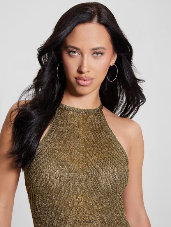 GUESS Women Alexie Lurex Halter Top Black Gold Multi Apparel V28V6944