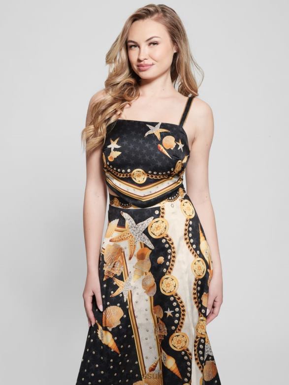 GUESS Women Bassma Satin Crop Scarf Top Black Shell Print Apparel V28V61206