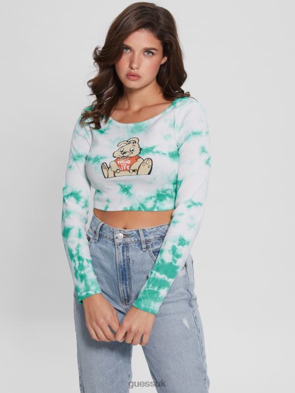GUESS Women Bunny Graphic Tie-Dye Top Carribean Water Multi Apparel V28V61043