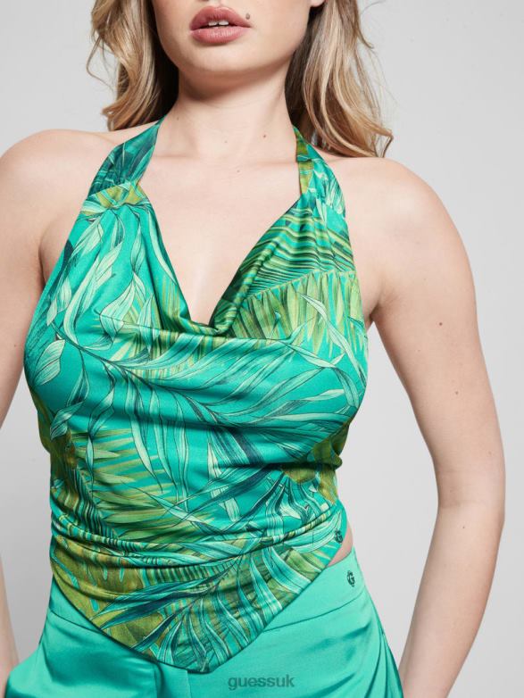 GUESS Women Bushra Printed Handkerchief Top Original Teal Monstera Apparel V28V61167