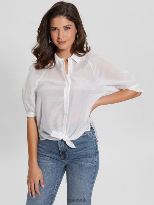 GUESS Women Cate Voile Half-Sleeve Top Pure White Apparel V28V6999