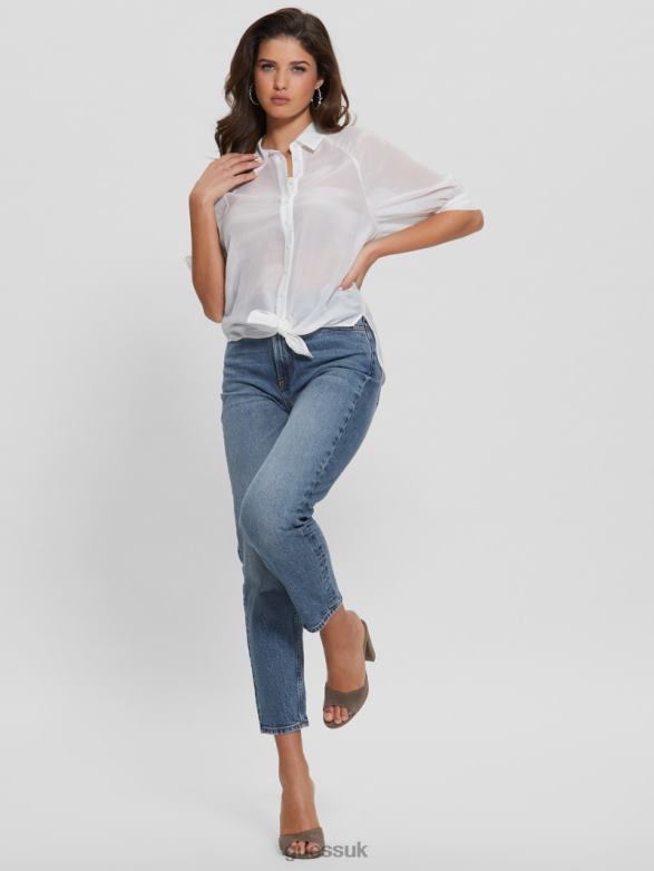 GUESS Women Cate Voile Half-Sleeve Top Pure White Apparel V28V6999