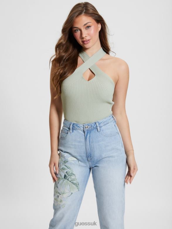 GUESS Women Claire Sweater Halter Crop Top Dusty Fern Apparel V28V6929