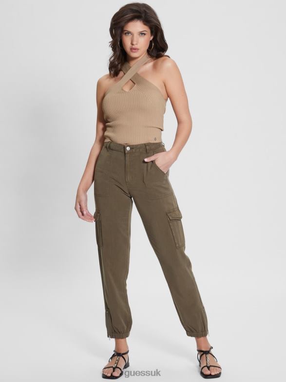 GUESS Women Claire Sweater Halter Crop Top Khaki Tan Apparel V28V6934