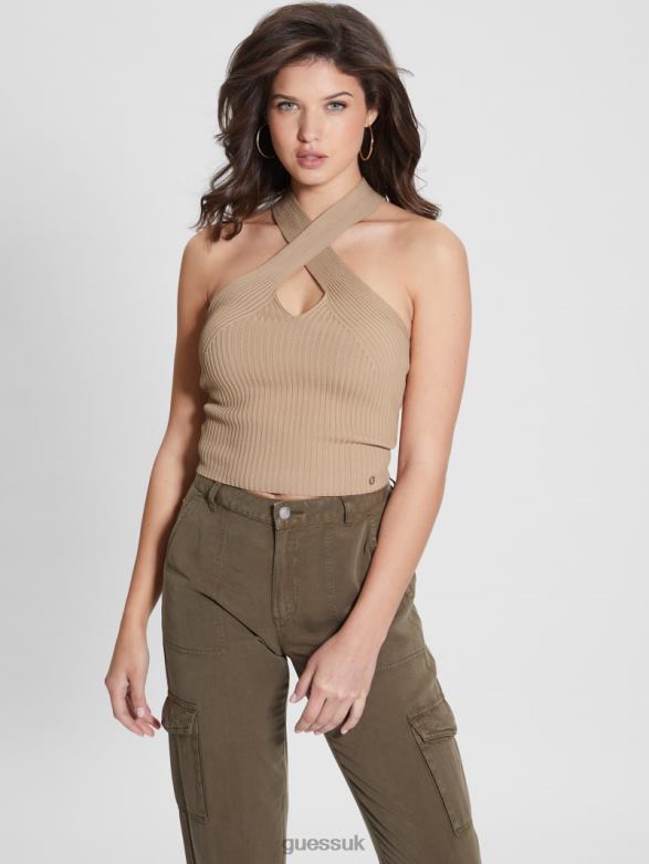 GUESS Women Claire Sweater Halter Crop Top Khaki Tan Apparel V28V6934