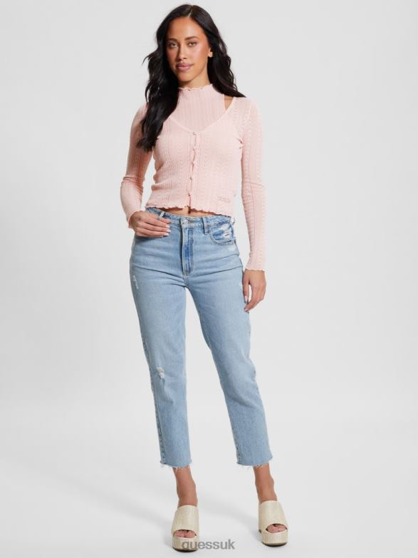 GUESS Women Dahlia Mock Neck Crop Top Low Key Pink Lurex Apparel V28V61104
