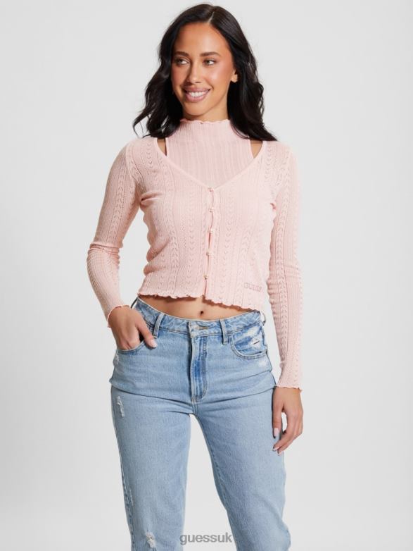 GUESS Women Dahlia Mock Neck Crop Top Low Key Pink Lurex Apparel V28V61104