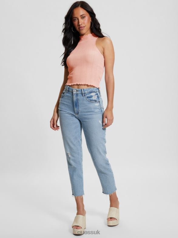 GUESS Women Dahlia Mock Neck Crop Top Low Key Pink Lurex Apparel V28V61104