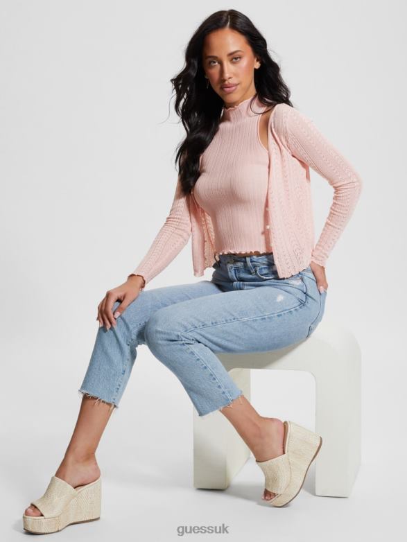 GUESS Women Dahlia Mock Neck Crop Top Low Key Pink Lurex Apparel V28V61104