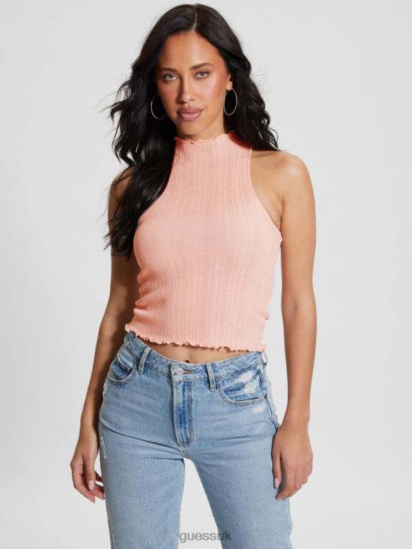 GUESS Women Dahlia Mock Neck Crop Top Low Key Pink Lurex Apparel V28V61104