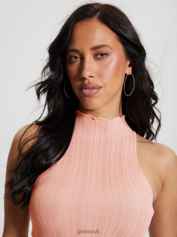 GUESS Women Dahlia Mock Neck Crop Top Low Key Pink Lurex Apparel V28V61104