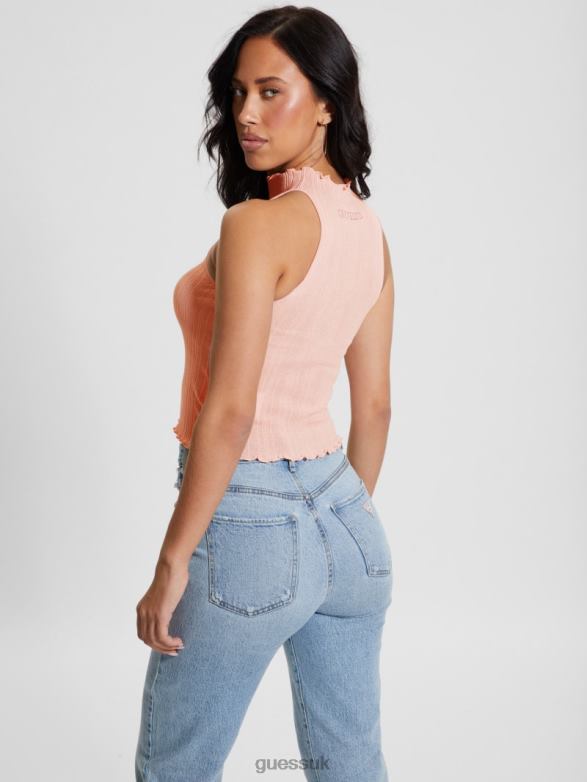 GUESS Women Dahlia Mock Neck Crop Top Low Key Pink Lurex Apparel V28V61104
