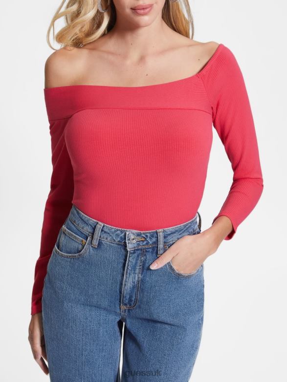 GUESS Women Eco Amelia Off-the-Shoulder Top Fruit Juice Pink Apparel V28V61599