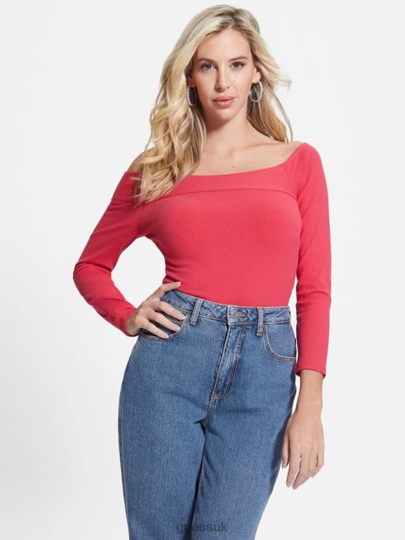 GUESS Women Eco Amelia Off-the-Shoulder Top Fruit Juice Pink Apparel V28V61599