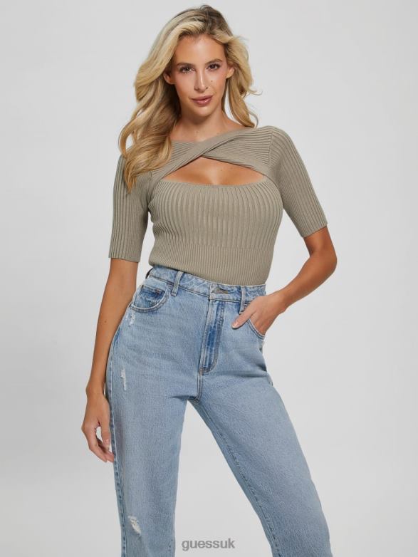 GUESS Women Eco Aysha Reversible Sweater Top Sage Leaf Apparel V28V61629