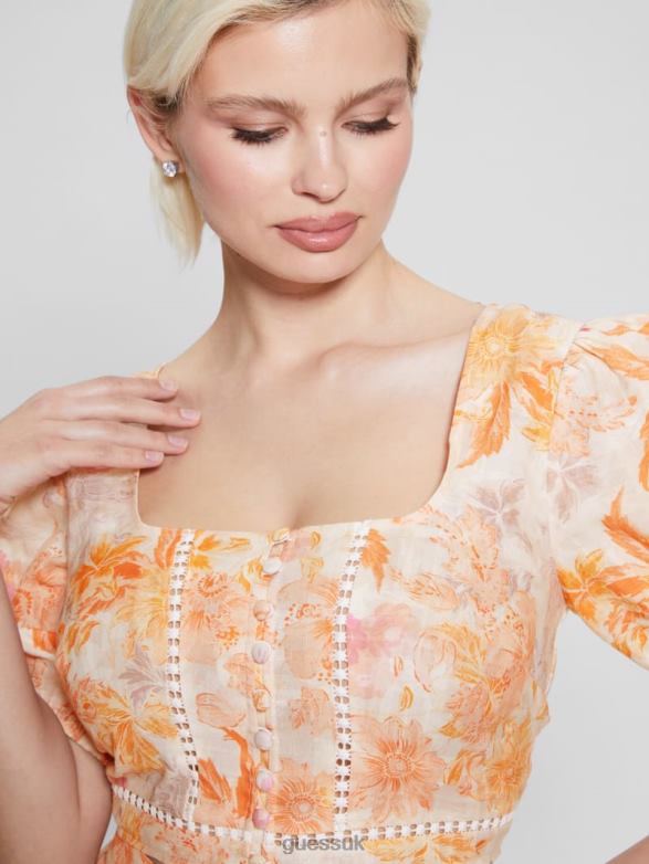 GUESS Women Eco Cassandra Puffed Floral Crop Top Tangerine Bloom Apparel V28V61309