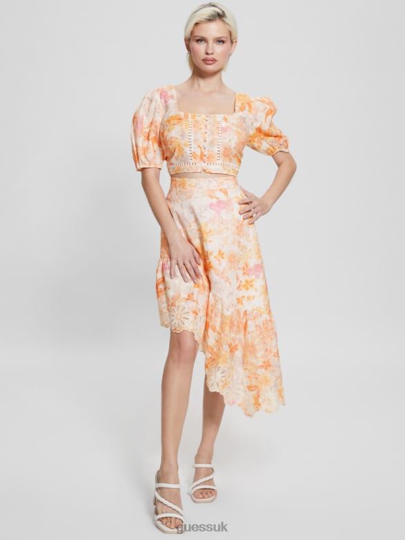 GUESS Women Eco Cassandra Puffed Floral Crop Top Tangerine Bloom Apparel V28V61309