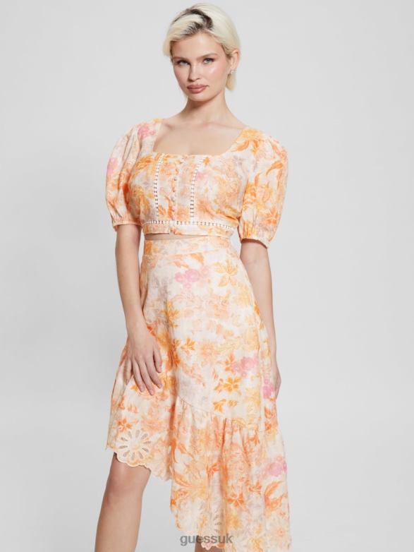 GUESS Women Eco Cassandra Puffed Floral Crop Top Tangerine Bloom Apparel V28V61309