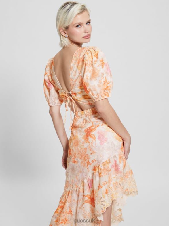 GUESS Women Eco Cassandra Puffed Floral Crop Top Tangerine Bloom Apparel V28V61309
