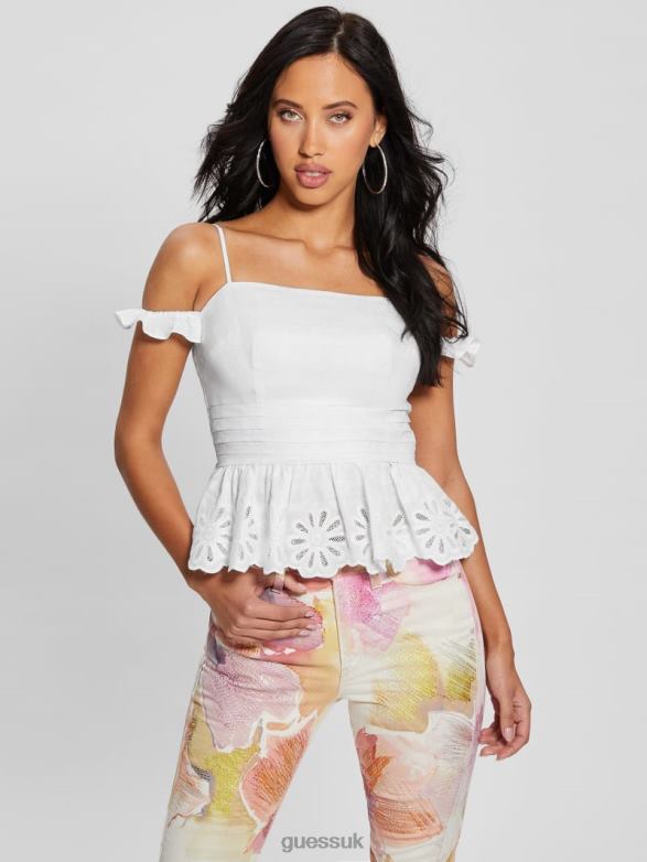 GUESS Women Eco Cold Shoulder Devi Top Pure White Apparel V28V6923