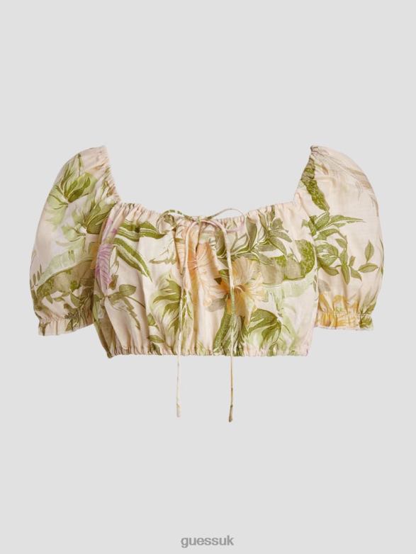 GUESS Women Eco Mayara Linen Cropped Top Heirloom Hibiscus Apparel V28V61568