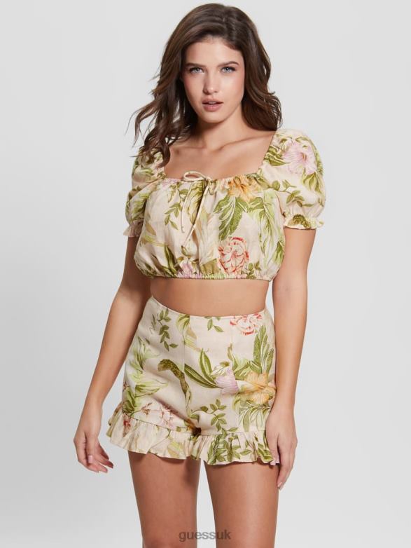 GUESS Women Eco Mayara Linen Cropped Top Heirloom Hibiscus Apparel V28V61568